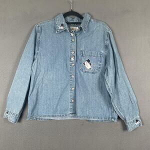 Vintage Christopher & Banks Shirt Womens Large Denim Snowman Holiday 2000s